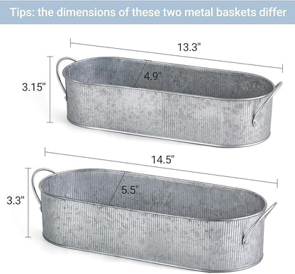 Mkono Metal Storage Basket for Toilet Tank Top Bathroom Decor, Galvanized Tray with Handle for Shelves, Farmhouse Toilet Paper Holder Organizing Bin Box for Countertop Living Room, Set of 2, Silver