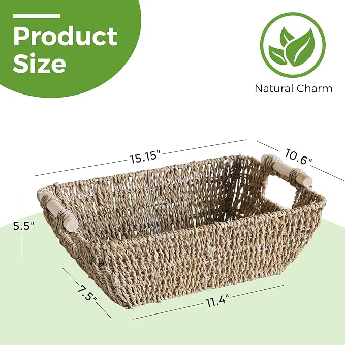 2 Pack Wicker Storage Baskets with Wooden Handles, Large Seagrass Basket for Organizing Shelves, Natural Woven Storage Baskets for Snack, Gift