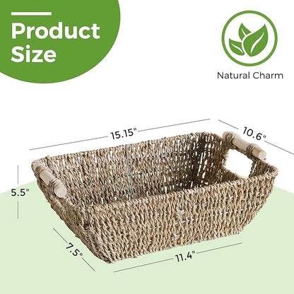 2 Pack Wicker Storage Baskets with Wooden Handles, Large Seagrass Basket for Organizing Shelves, Natural Woven Storage Baskets for Snack, Gift