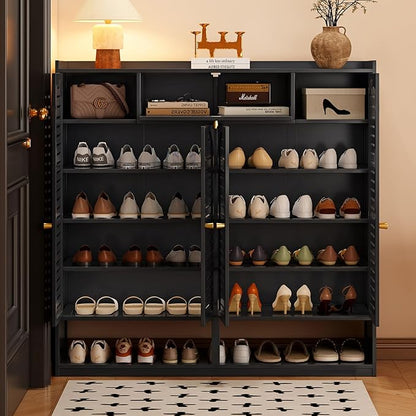 Shoe Storage Cabinet with Shutter Doors, 7 Tier Bamboo Shoe Cabinet Sneakers Shoe Rack Shelf for 36-40 Pairs, Shoe Organizer with Thickened Adjustable Shelves for Entryway, Hallway