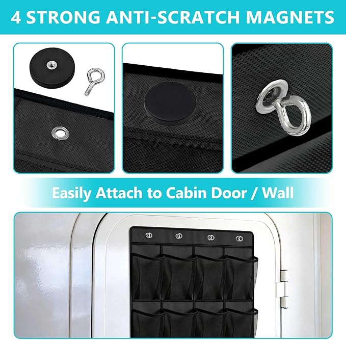 Esoes Cruise Ship Magnetic Door Organizer, 24 Pockets Magnetic Behind the Door Shoe Rack-4 Strong Anti-Scratch Magnets, Over the Door Organizer Cruise Essentials Storage for Cruise Cabin Travel