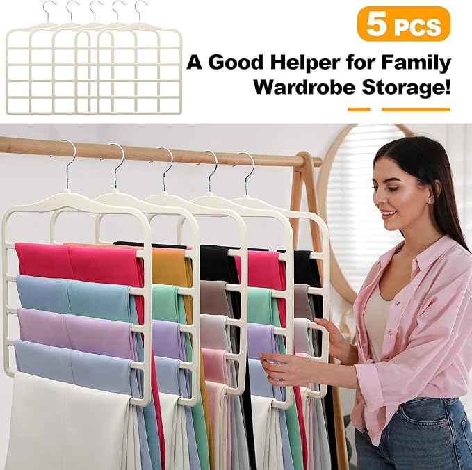 Closet Organizers and Storage,5 Pack Velvet Pants-Hangers-Space-Saving,Non Silp 5 Tier Organization-and-Storage Clothes-Hanger for College-Dorm-Room-Essentials,Closet-Organizer for Jeans Scarf Hanger