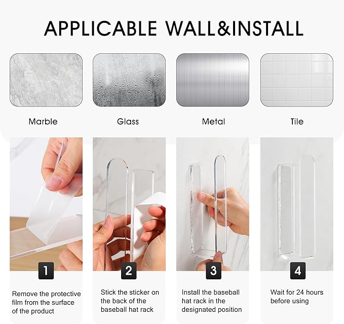 2 Packs Hat Hangers for Wall - Hat Hook Acrylic Baseball Hat Rack Adhesive Baseball Cap Organizer Hat Holder for Wall Closet Door Bedroom Organization