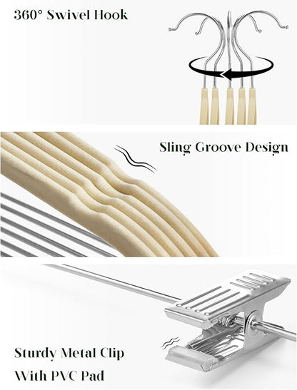 Cozymood Velvet Skirt Hangers 36 Packs Ultra Thin Hangers with Clips Non Slip Velvet Pant Hanger Space Saving Clothes Hanger with Clips for Pants, Skirts, Jeans, Shorts (Beige)