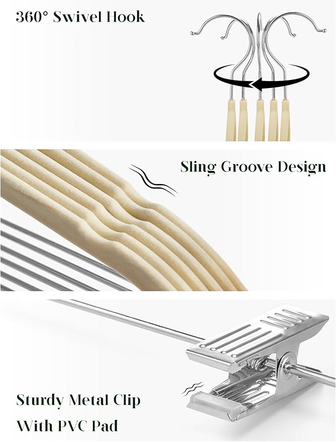 Cozymood Velvet Skirt Hangers - Pack of 24 - Velvet Hangers with Clips Ultra Thin Non Slip Velvet Pants Hangers Space Saving Clothes Hanger for Trouser, Skirts, Jeans, Dress (Beige)