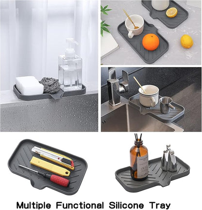 MicoYang Silicone Bathroom Soap Dishes with Drain Spout-Bathroom and Kitchen Sink Organizer,Sponge Holder,Dish Soap Tray,Perfect for Dispenser,Scrubber,Bottle,Cup on Sink or Counter-Grey 9.6"×5.3"