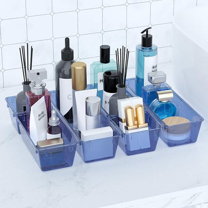 WOWBOX 9 Pack Clear Drawer Organizer Set, Acrylic Drawer Storage Trays, Storage Bins for Makeup, Cosmetics, Jewelries, Utensils, Gadgets, Office, Dark Blue