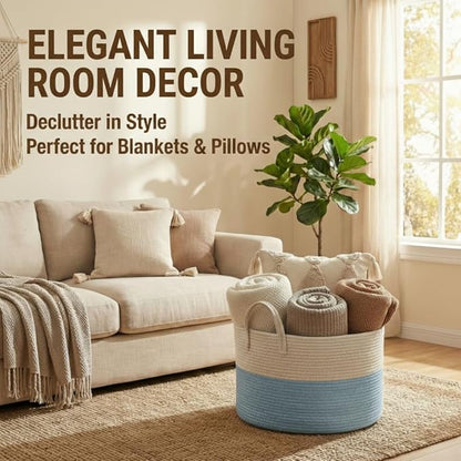 JMvicyroam 65L Extra Large Blanket Basket for Living Room - Woven Cotton Rope Laundry Hamper with Reinforced Handles - Storage Bin for Pillows, Comforters & Toys - Machine Washable,White&Blue