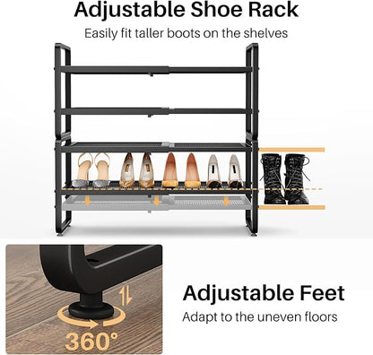 SNTD Shoe Rack - Expandable Shoe Organizer for Closet, Adjustable Metal Shoe Shelf Storage, Stackable Long Shoe Stand Holder for Garage, Entryway, Door Entrance (Black, 4-Tier)