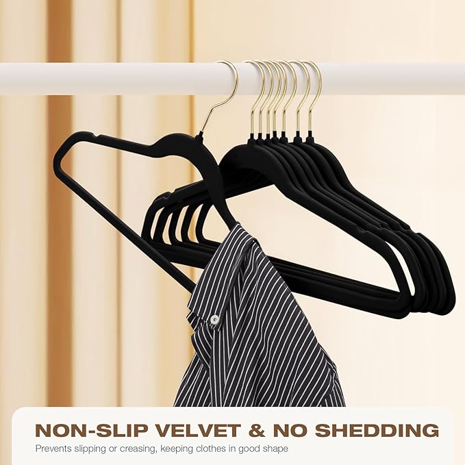 50 Pack Black Velvet Hangers,Coat Hanger Non Slip,Heavy-Duty,Space Saving,Slim Clothes Hangers for Pants,Outfit,Suits,Skirts,Coats,Dresses ect.Felt Hanger with Gold 360°Swivel Hook
