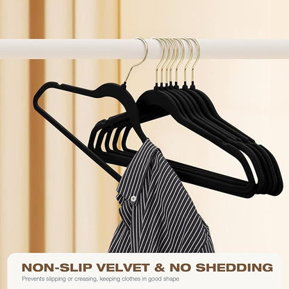 50 Pack Black Velvet Hangers,Coat Hanger Non Slip,Heavy-Duty,Space Saving,Slim Clothes Hangers for Pants,Outfit,Suits,Skirts,Coats,Dresses ect.Felt Hanger with Gold 360°Swivel Hook