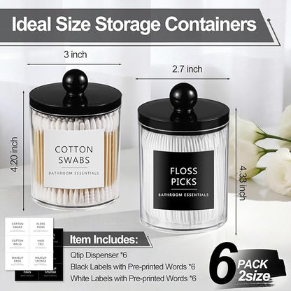 SheeChung 6 Pack Acrylic Qtip Holder Dispenser,Bathroom Jars with Lid Set for Cotton Swabs,Balls,Pads,Floss,Clear Plastic Canisters Apothecary Jar,Bathroom Essential Makeup Vanity Organizer(10oz-12oz)