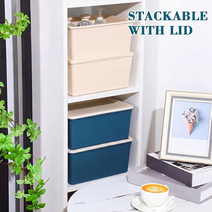 Menkxi 4 Pcs Storage Bins with Lids Plastic Stackable Containers for Organizing Shelves Christmas Ornament Box Baskets(Beige, Blue,Small)
