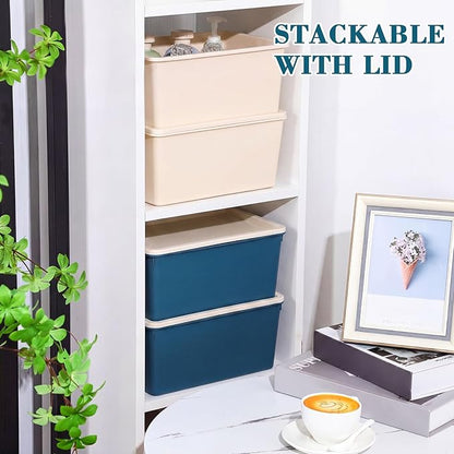 Menkxi 4 Pcs Storage Bins with Lids Plastic Stackable Containers for Organizing Shelves Christmas Ornament Box Baskets(Beige, Blue,Small)