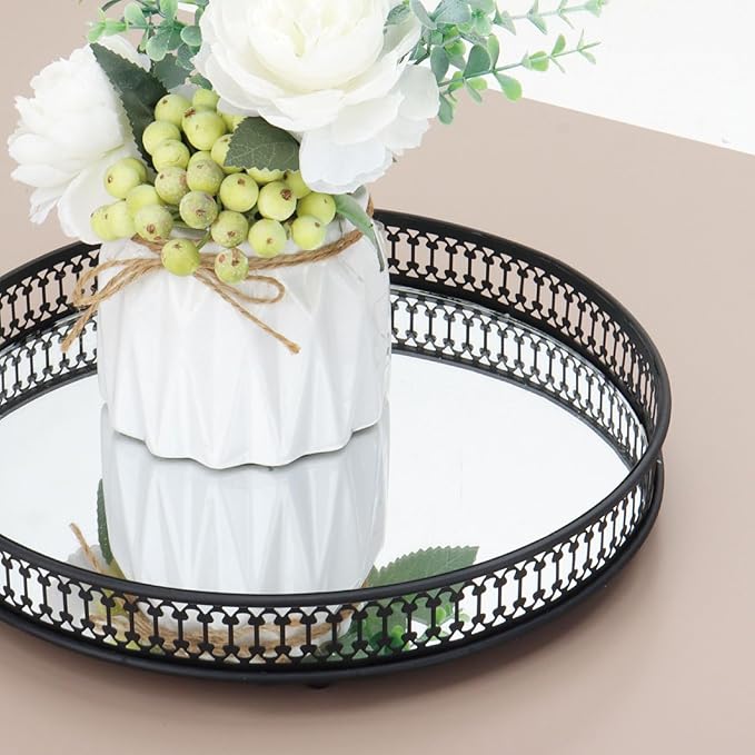 Perfume Tray, Mirror Tray, Vanity Decorative Tray with Metal for Dresser Bedroom Countertop Organizer,Mirrored Cosmetic Tray for Bathroom, Bedroom or Living Room, Black (Round)