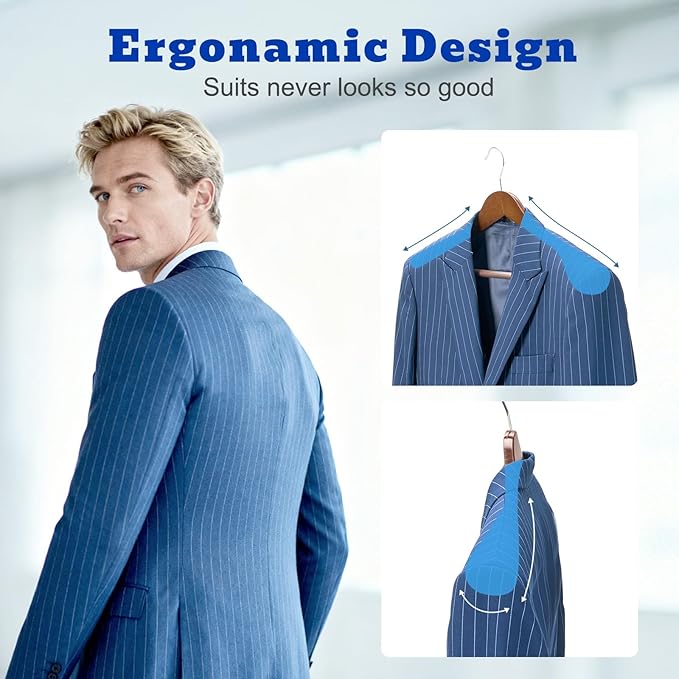 HOUSE DAY Wide Shoulder Wooden Hangers, Suit Hangers with Non Slip Pants Bar, Smooth Finish 360° Swivel Hook Solid Wood Coat Hangers for Dress, Jacket, Pants, Heavy Clothes Hangers 6 Pack (Walnut)