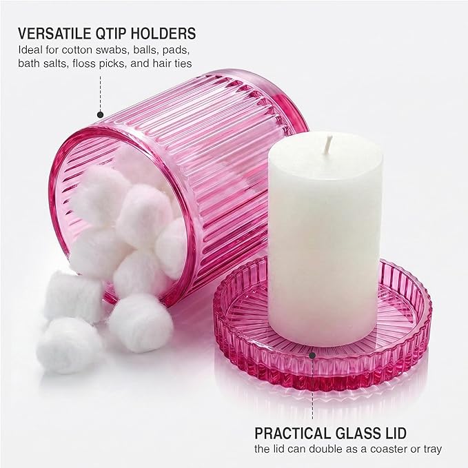 2 Pack Qtip Holder - Apothecary Jars with Lids, Bathroom Organizers and Storage Canister for Cotton Balls,Swabs,Floss Picks,Hair Ties,Clear Glass Vintage Bathroom Decor Jar Set (Pink2)
