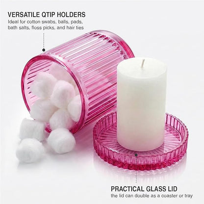 2 Pack Qtip Holder - Apothecary Jars with Lids, Bathroom Organizers and Storage Canister for Cotton Balls,Swabs,Floss Picks,Hair Ties,Clear Glass Vintage Bathroom Decor Jar Set (Pink2)