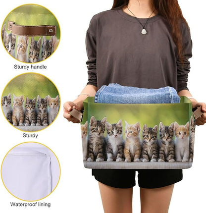 Large Storage Basket Cats Cute Kitten Storage Bin Cube Canvas Fabric Organizer Handles Collapsible for Clothes Toys Bedroom Decorative