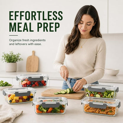 5 Pack 36oz Borosilicate Glass Food Storage Containers Set with Lids, Freezer Meal Prep Containers, Airtight Bento Lunch Container Set, Oven, Freezer and Dishwasher Safe, BPA Free, Kitchen Storage Set