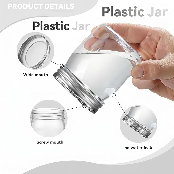 novelinks 8 oz Clear Plastic Jars with Airtight Lids, 32 Pack Plastic Mason Jars with Lids 8oz, Refillable Storage Slime Containers & Small Spice Jar for Kitchen Organization (32 Pack,Silver)