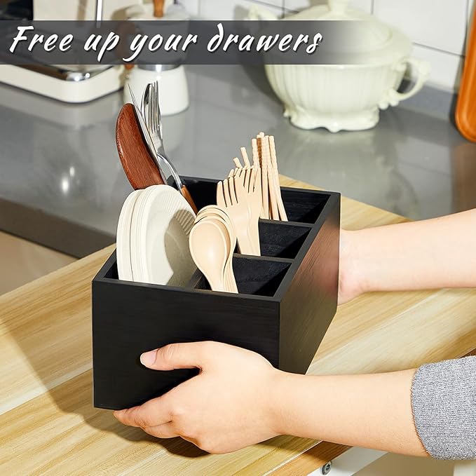 LemonRoad Magnetic Utensil Holder Silverware Caddy with 4 Compartments for Fridge Kitchen Party Counter Wooden Silverware Countertop Holder for Party, Farmhouse, Camping