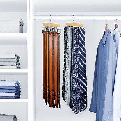 Tie Rack & Belt Hanger 2 in 1 Tie Hanger Space Saving Max 42 Belts& 60 Ties Capacity for Closet Organizers and Storage, Sturdy Wood Belt & Tie Collection Organizer(Wood, 2Pack)