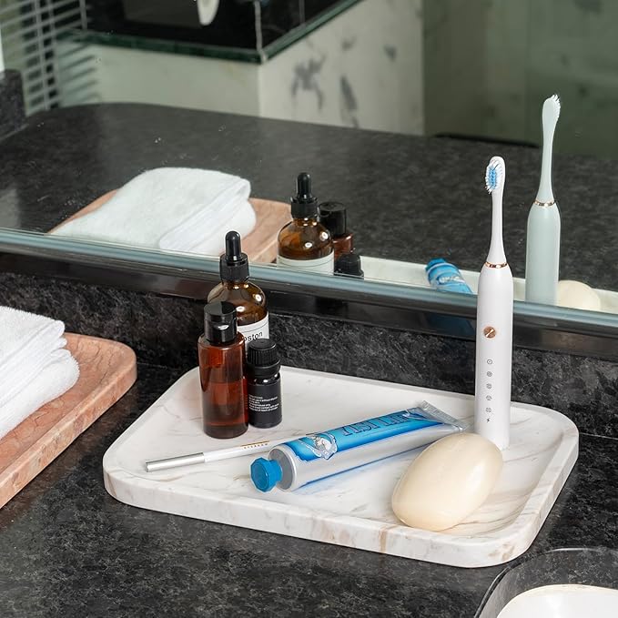 Karibiber Marble Vanity Tray, Marble Bathroom Tray Countertop, Decorative Trays for Dresser Organizer, White Stone Storage Serving Trays for Kitchen, Perfume, Jewelry Cathall Holder, Unique Veining