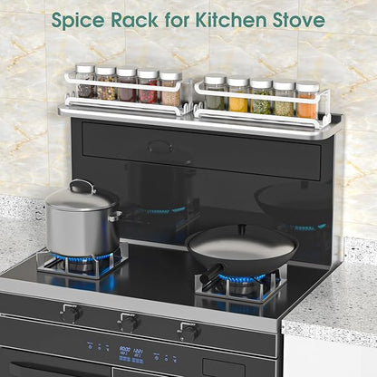 LUCYCAZ 2 Pack Wall Mounted Spice Rack with 8 Hooks, Spice Organizer Shelf for Stove Cabinet Pantry Door,Screw or Adhesive Spice Shelf Hanging Wall Spice Rack in Kitchen and RV (White, 2 PACK)