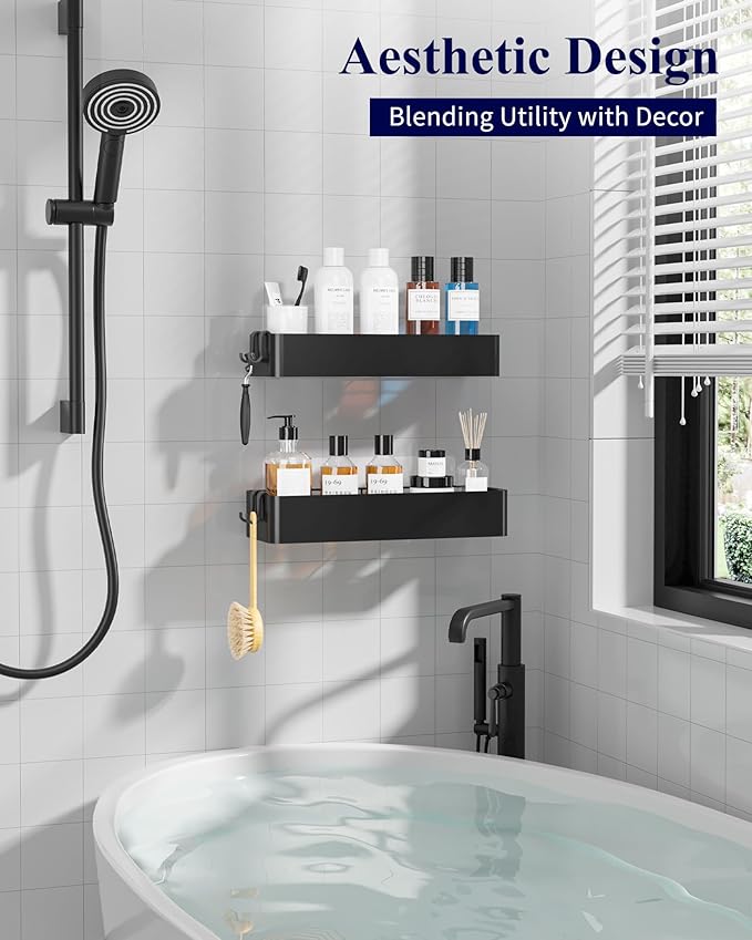 Kitsure Shower Caddy - 2 Pack Adhesive Shower Organizer, Rustproof Metal Shelves, No-Drill Bathroom Organizers and Storage, Black, XX-Large