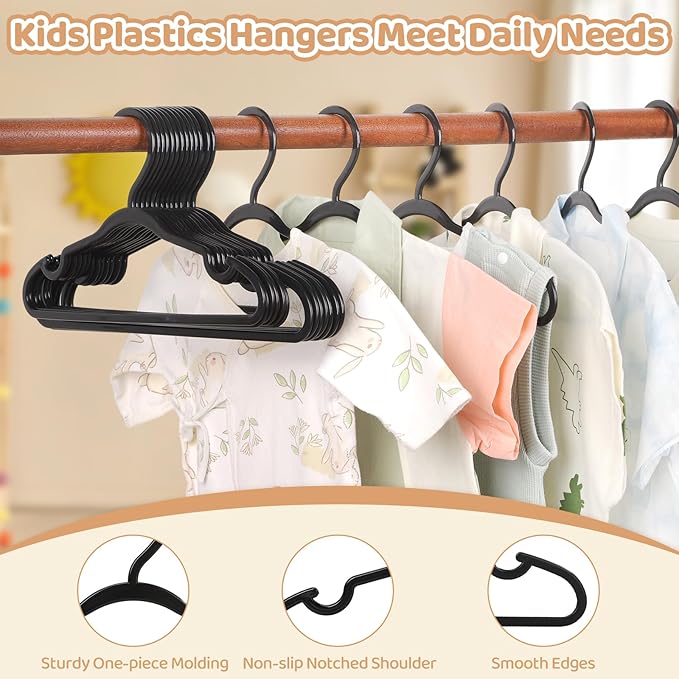 60 Pack Black Baby Hangers 11.42 Inch & 12.91 Inch Each 30 Pack - Kids Non-Slip Clothes Hangers for Infant & Child, Durable Plastic Children's Hangers for Closet, Pants, Coats, Skirts