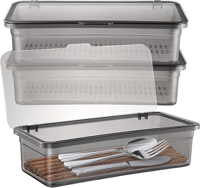 Cabilock 3 Pcs Cutlery Storage Box Container Holder Organizers Cutlery with Lid Silverware Basket Organizer Trays with Lids Cutlery Drainer Cutlery Organizer Large Utensils Black re-usable
