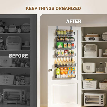 Delamu Adjustable Over the Door Pantry Organizer with Clear Acrylic Panel, 6-Tier Pantry Organization and Storage for Kitchen, Hanging Spice Rack Seasoning Shelves for Cabinet, Easy Install, Black