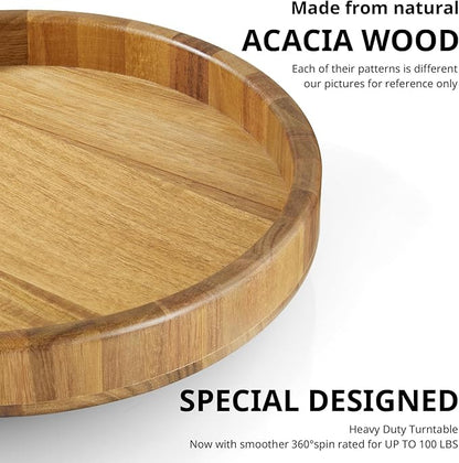 12'' Acacia Wood Lazy Susan Organizer Turntable for Cabinet, Round Wooden Spice Organization and Storage, Rotating Condiment Organizer for Pantry, Kitchen, Cupboard, Table Top, Countertop