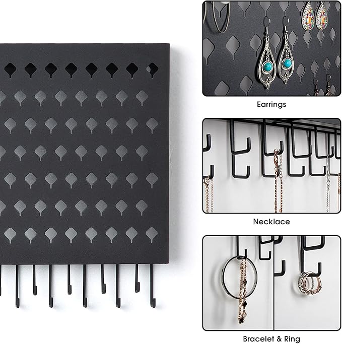 JackCubeDesign Wall Mounted Jewelry Organizer, Earring Necklace Bracelet Holder Display Hanger with 109 Holes & 19 Hooks (Black,16.5 x 2.4 x 13.2 inches) - MK329A
