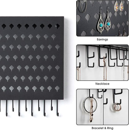 JackCubeDesign Wall Mounted Jewelry Organizer, Earring Necklace Bracelet Holder Display Hanger with 109 Holes & 19 Hooks (Black,16.5 x 2.4 x 13.2 inches) - MK329A