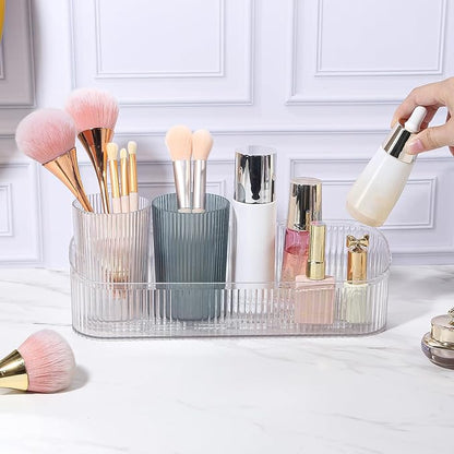 DASITON Makeup Brush Holder Organizer with 4 Cup, Vintage Striped Make Up Brush Holder for Vanity, Bathroom Toothbrush Holders, Acrylic Cosmetic Brushes Storage Organizer Pen Holder (Clear+Multicolor)