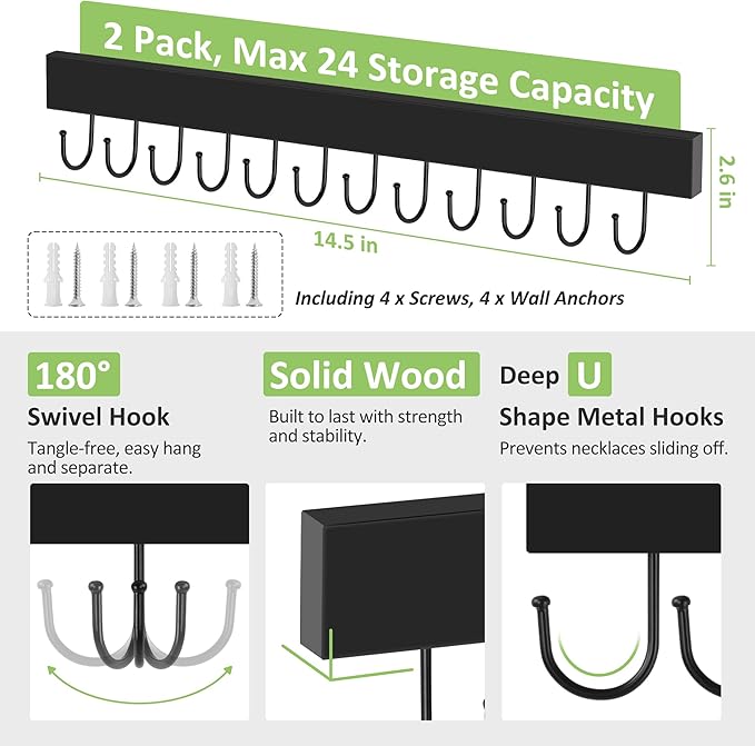 Jewelry Organizer Wall Mounted 2 Pack, Wooden Necklace Holder Wall Hanger with 24 Hooks for Hanging Necklaces and Jewelry Storage, Black