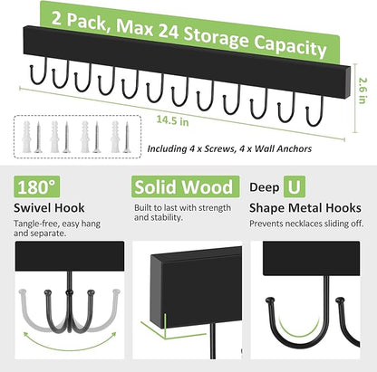 Jewelry Organizer Wall Mounted 2 Pack, Wooden Necklace Holder Wall Hanger with 24 Hooks for Hanging Necklaces and Jewelry Storage, Black