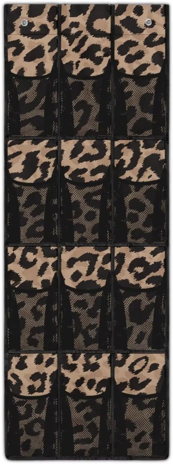 Brown Behind Door Organizer 12 Pockets Over The Door Organizer for Closet Leopard Multi-Pocket Organizer Easy to Install Shoe Holder Hanger for Dorm