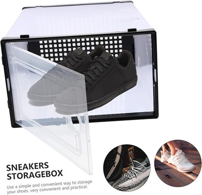 2 Pcs Stackable Shoe Storage Boxes Thickened Plastic Shoe Organizer Containers with Drawer Design Space-saving for Sneakers and Boots Black