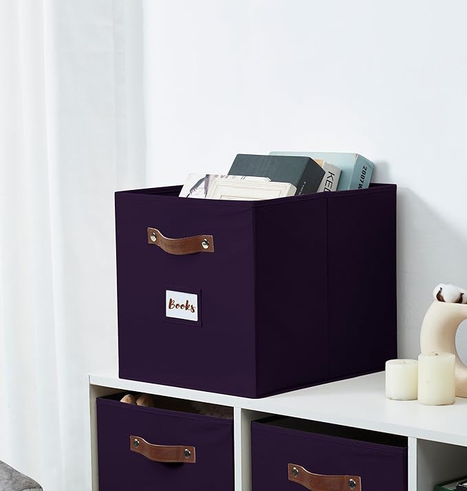DECOMOMO Storage Baskets, 13x15x13 Storage Cube Bins with Labels for Organizing Shelves Kallax (Kallax / 4pcs, Deep Violet)