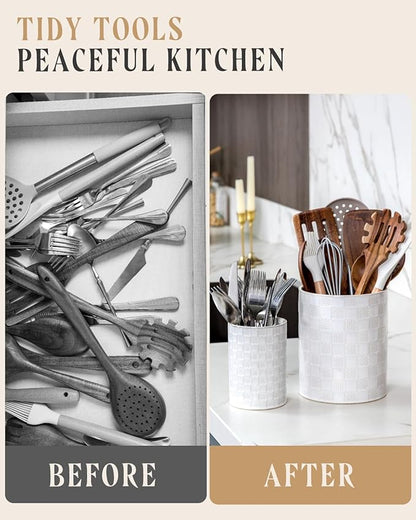 Nucookery Utensil Holder, Extra Large Ceramic Utensil Crock for Kitchen Counter, Stable Spatula & Flatware Organizer, Farmhouse Embossed Kitchen Decor, Set of 2 (Checkered)