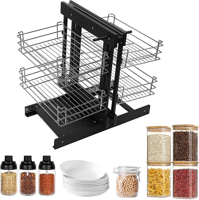 Blind Corner Pull-Out Organizer, 2-Tier 4-Shelf Cabinet Storage Basket with Soft-Close, Left/Right Open Compatible for 15" Minimum Opening, Chrome Steel Kitchen/Bathroom Cabinet Organizer