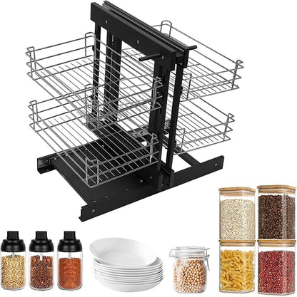 Blind Corner Pull-Out Organizer, 2-Tier 4-Shelf Cabinet Storage Basket with Soft-Close, Left/Right Open Compatible for 15" Minimum Opening, Chrome Steel Kitchen/Bathroom Cabinet Organizer