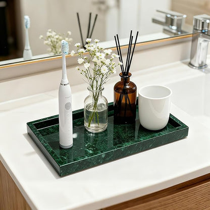 Pure Natural Marble Tray for Bathroom, Dresser, Sink. Cosmetics, toiletries, perfumes, Jewelry, Candles, etc. can be Placed (Jade Green, 12" x 8" x 1.2")