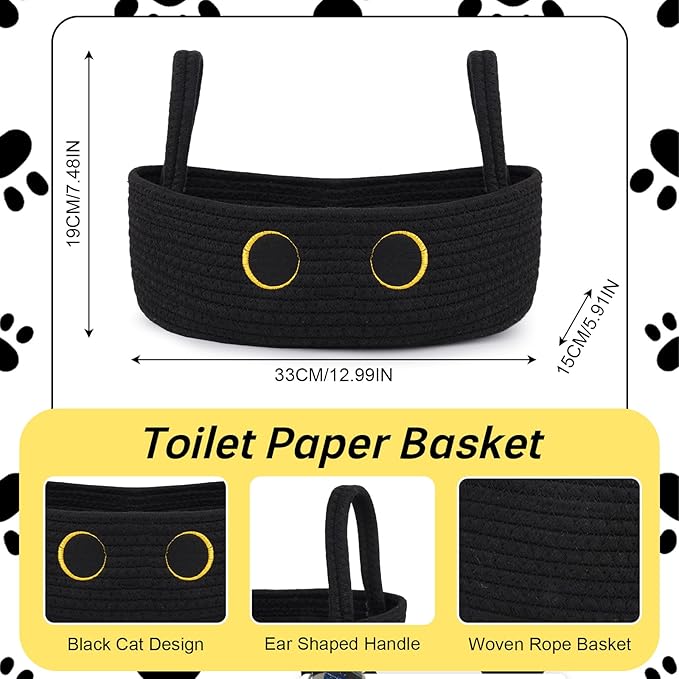 Toilet Black Cat Paper Basket–Cute Cat Oval Woven Bathroom Organizer Toilet Tank Decorative Storage Basket, Shelf Rope Cotton Cat Bin with Handles, Wedding Towel Holder, 13" D x 7.48" H in
