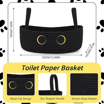 Toilet Black Cat Paper Basket–Cute Cat Oval Woven Bathroom Organizer Toilet Tank Decorative Storage Basket, Shelf Rope Cotton Cat Bin with Handles, Wedding Towel Holder, 13" D x 7.48" H in