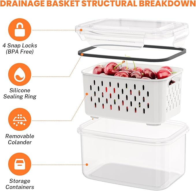 8 Pieces Fruit Storage Containers for Fridge with Lids and Strainer, 4Pack Fruit Containers for Fridge, Fresh Produce Saver Keeper for Vegetable Fruit Salad, BPA Free Fruit Organizer for Refrigerator