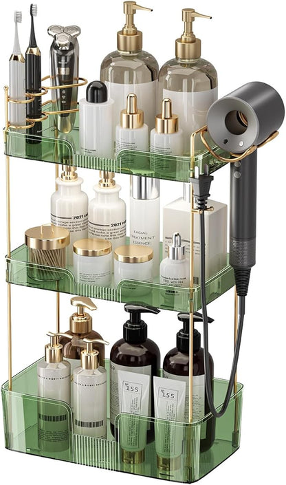 Makeup Organizer 3 Tier Bathroom Organizer Countertop Makeup Perfume Tray Skincare Organizer Comes with Hair Dryer Rack and Toothbrush Holder for Bathroom Dresser Vanity (Green)